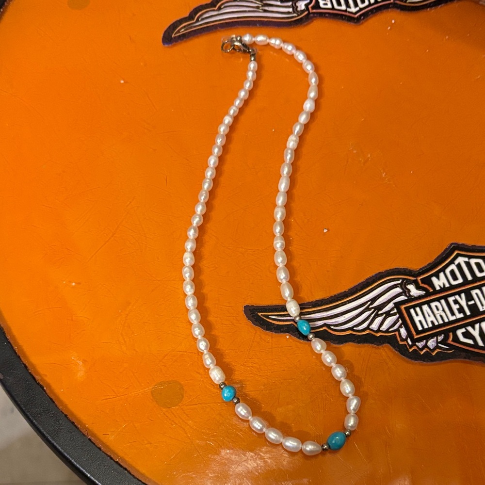 Pearl Necklace with Turquoise Accent - Women's Jewelry